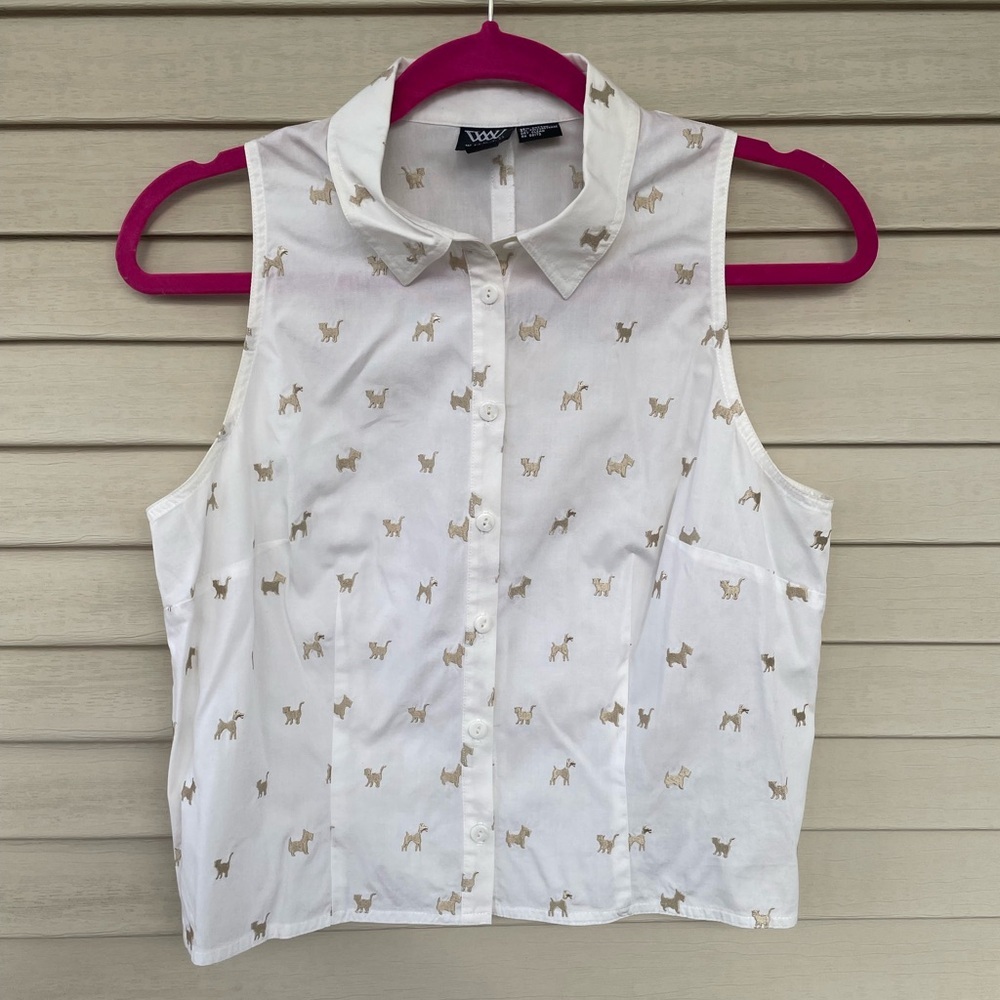 W by Worth Cropped Button Down Cat & Dog Print Size S